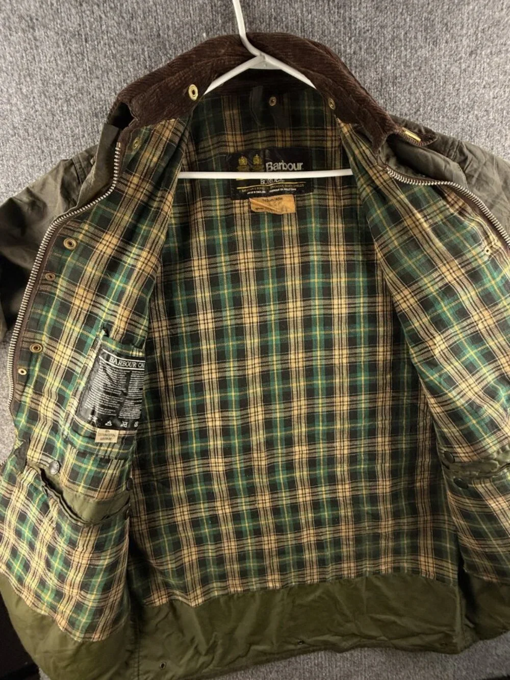 VTG Barbour A200 Border Size 40 Green Waxed Jacket Long Zip Snap Collared 80s